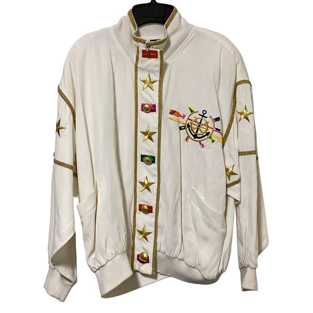 Vintage 90's Vital Elements Embroidered Nautical White and Gold Jacket